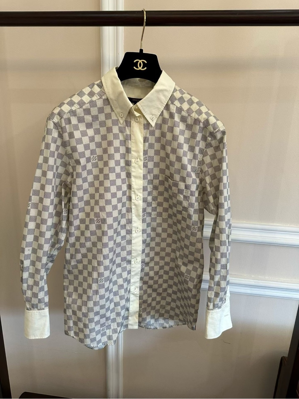 Louis Vuitton Checkerboard Button-Down Shirt in Light Gray and Cream